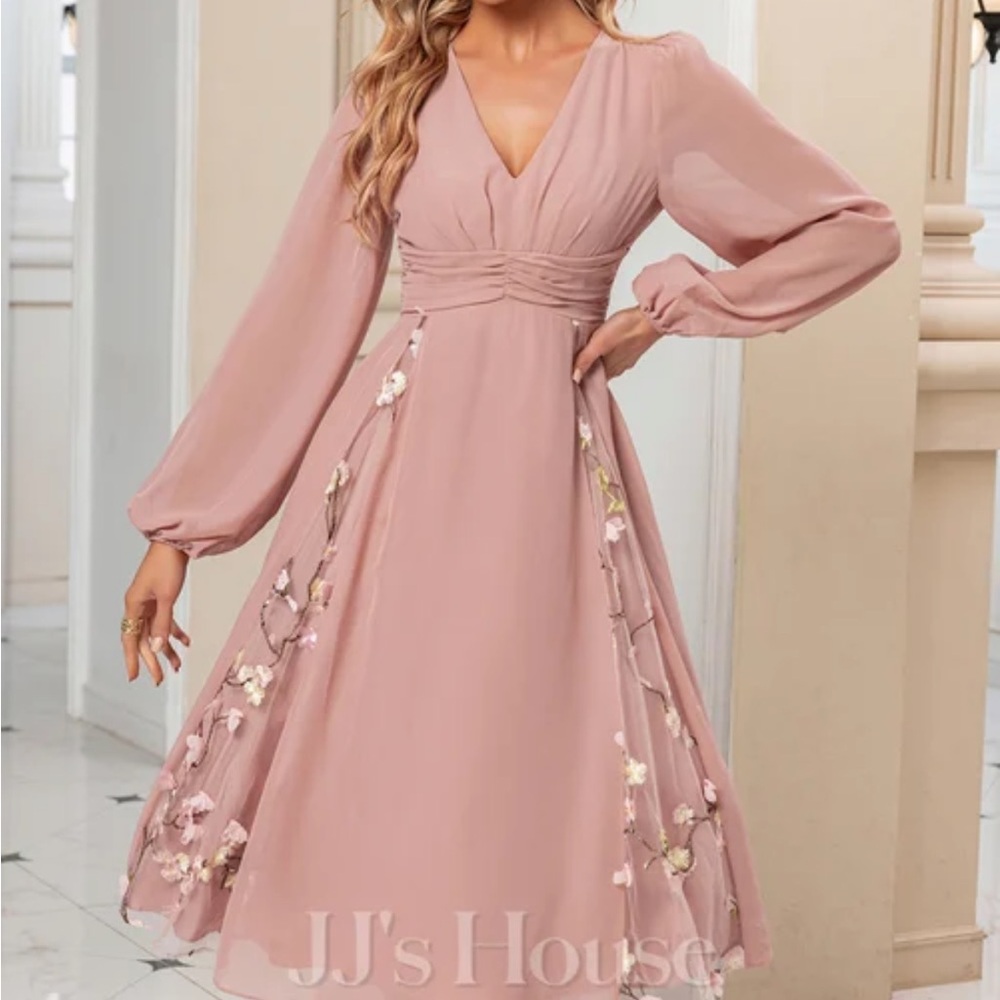 NWT JJs House Pleated V-Neck Sleeve A-line Chiffon Lace Midi Dress Dusty Rose